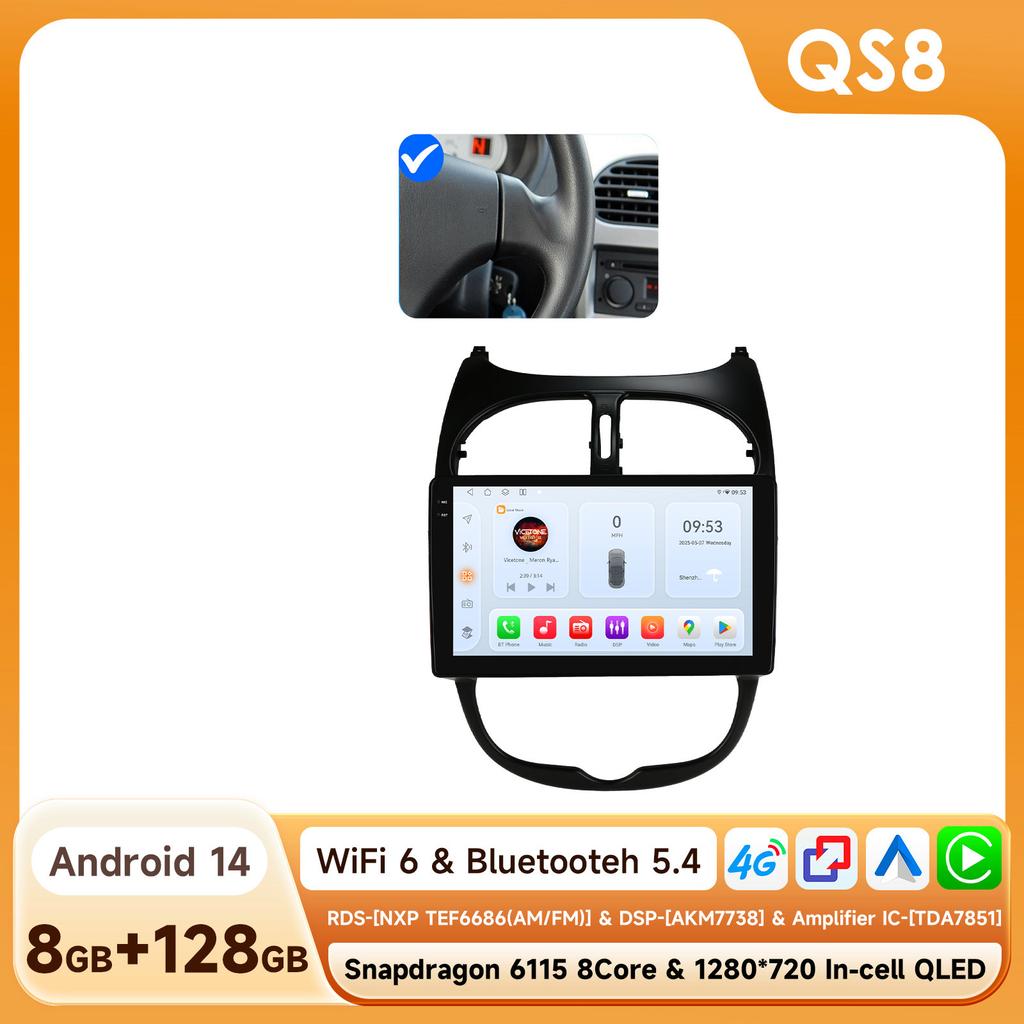 OSSURET Snapdragon 6115 Car Radio Autoradio for PEUGEOT 206 206SW 206CC 2001 - 2008 Carplay Android Auto Multimedia GPS 360 Cam Stereo