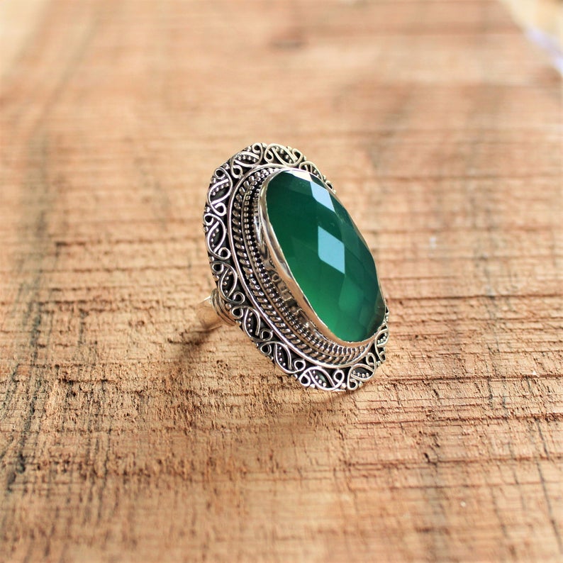 925 Sterling Silver Ring, Boho Statement Ring, Gift For Her, Bohemian Jewelry, Handmade Green Onyx Ring, Anniversary Gift, New Year Gift,