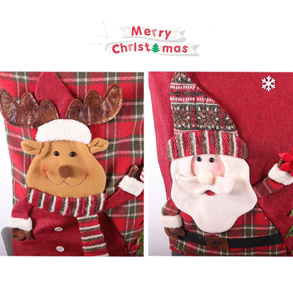 Chair Cover Red Plaid Snowman Santa Chair Back Cover Eco Friendly Linen Chair Backrest Cover Christmas Decoration