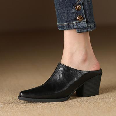 Fashion NEW Summer Women Mules Split Leather Shoes for Women Cover Toe Chunky Heel Slippers Concise Pointed Toe Black Women Sandals
