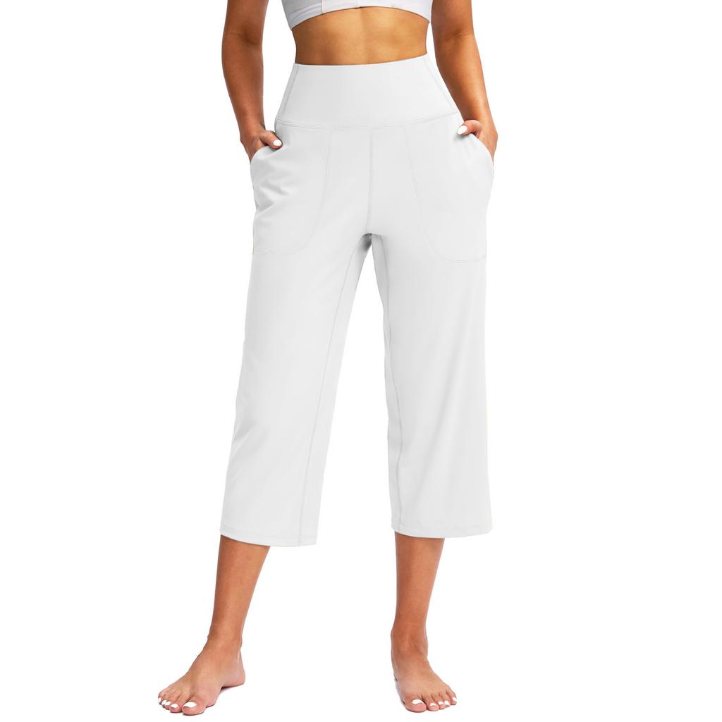 Summer Women Sports Yoga Pants Astic High Waist Casual Active Fit Wide Capris Leg Pants Yoga Leggings Soft Gym Knee Length with Pockets