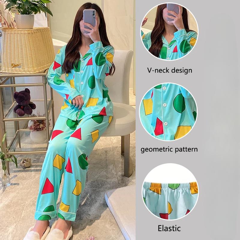2 STÜCKE/Set Herren und Damen Frühling Herbst Paare Niedlich Cartoon Langärmelig Übergröße Homewear Grün Geometrische Muster Schulpyjamas