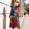 Women’s V Neck Short Sleeve Maxi Dress with Star and Floral Print 4th of July Dress Independence Day Dress Holiday Party Outfit