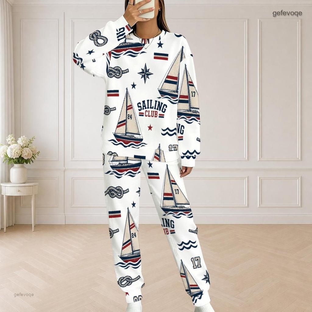 Women Plus Size White Sailboat Printed Round Neck Long Sleeve Top And Pants Two Piece Set