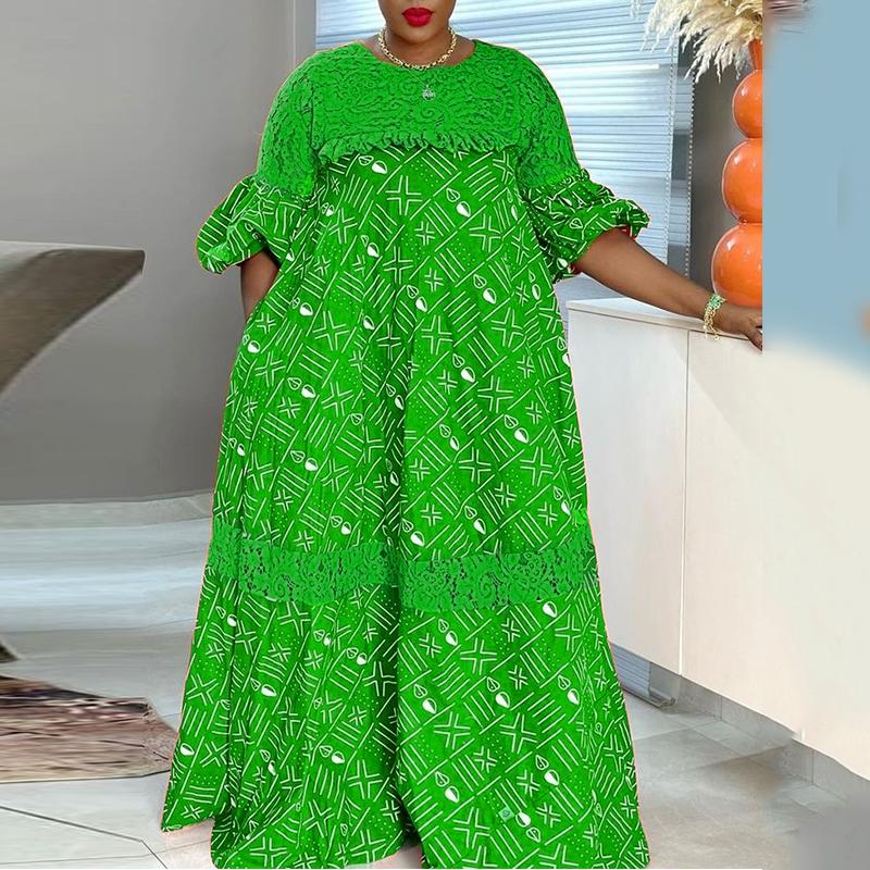 Oversized Women Lace Patchwork Puff Sleeve Print Casual Loose Pleated Long Dress