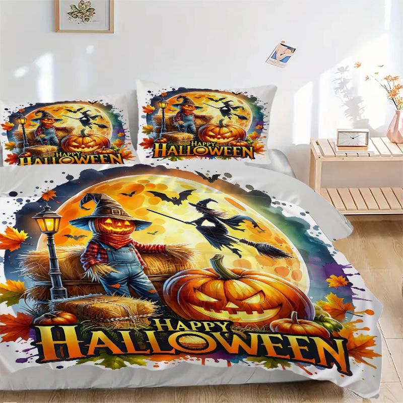 3pcs Scarecrow Halloween Design Quilt Cover Set (1 Quilt Cover + 2 Pillowcases Without Pillow Core), High-Definition Printing for Home and Dormit