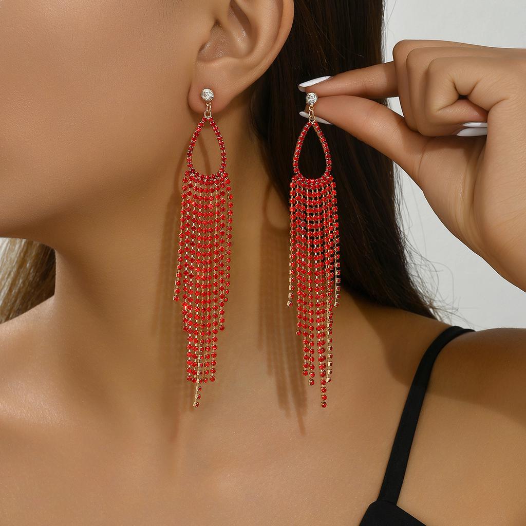 2 pieces of women's fashionable full diamond long water droplet tassel earrings, earrings, banquet party accessories