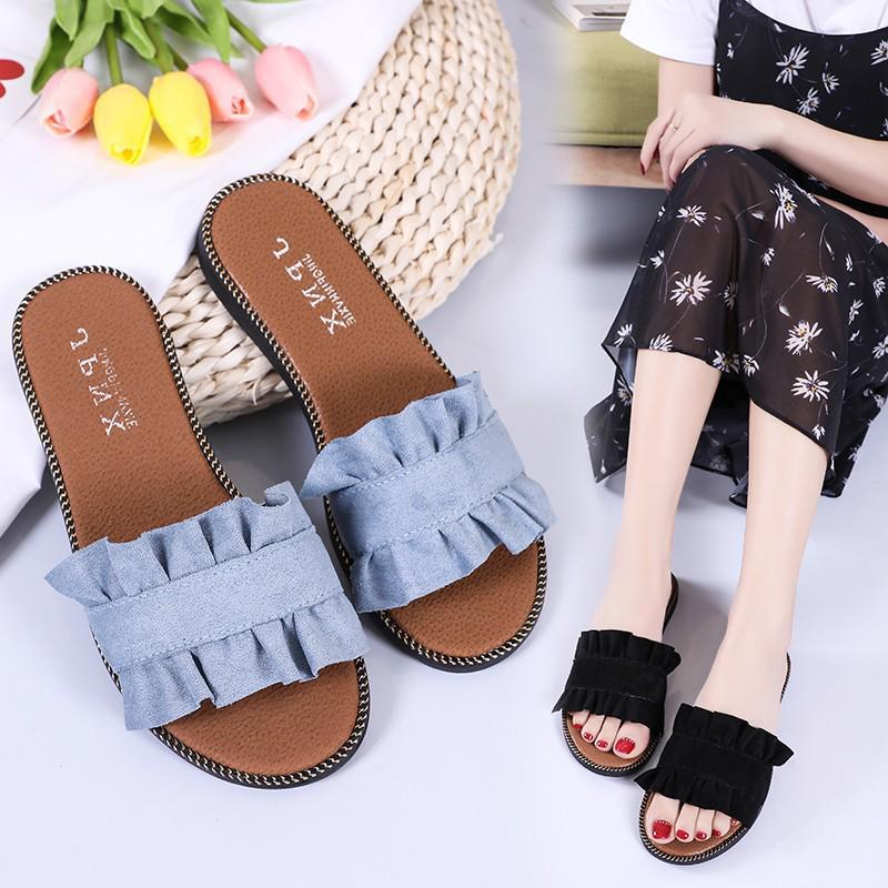 Mode Übergröße Damen Hausschuhe Bonbonfarbe Pantoletten Damenschuhe Sommer Flats Denim Hausschuhe Spitze Pantolette Falten Damen Schuhe zapatos mujer