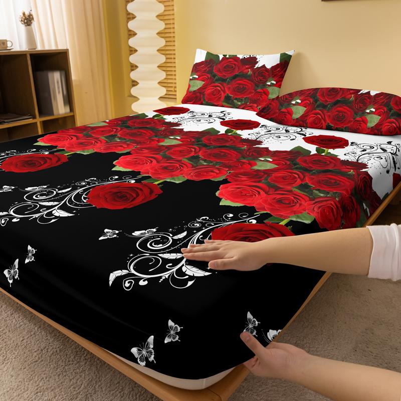 1 Simple Modern Plant Flower Butterfly Printed Matte Fitted Sheet, Bedroom Printed Bed Cover, Bedding (Excluding Pillowcases)