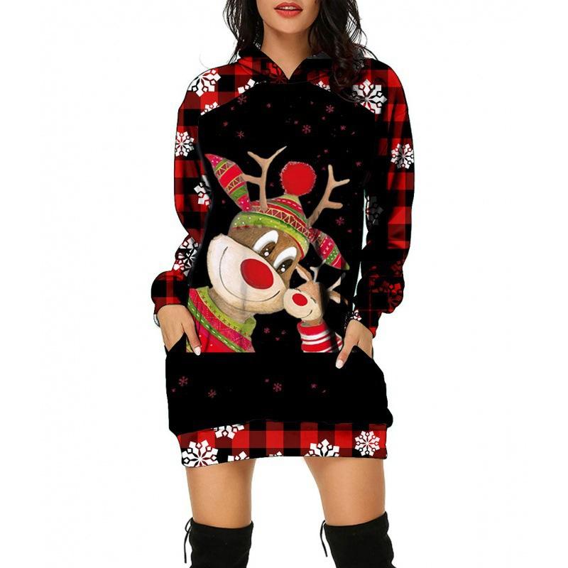 Women‘s Round Neck Long Sleeve Loose Fit Hoodie Dress 3D Print Casual Gown