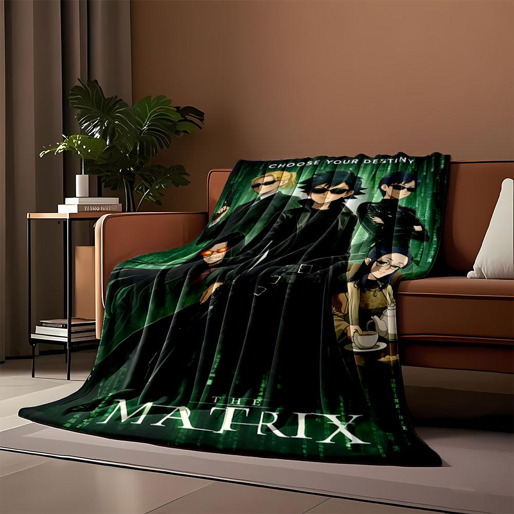 Stylized characters in dark attire with green digital symbols as backdrop. for all seasons blanket lunch break throw gift