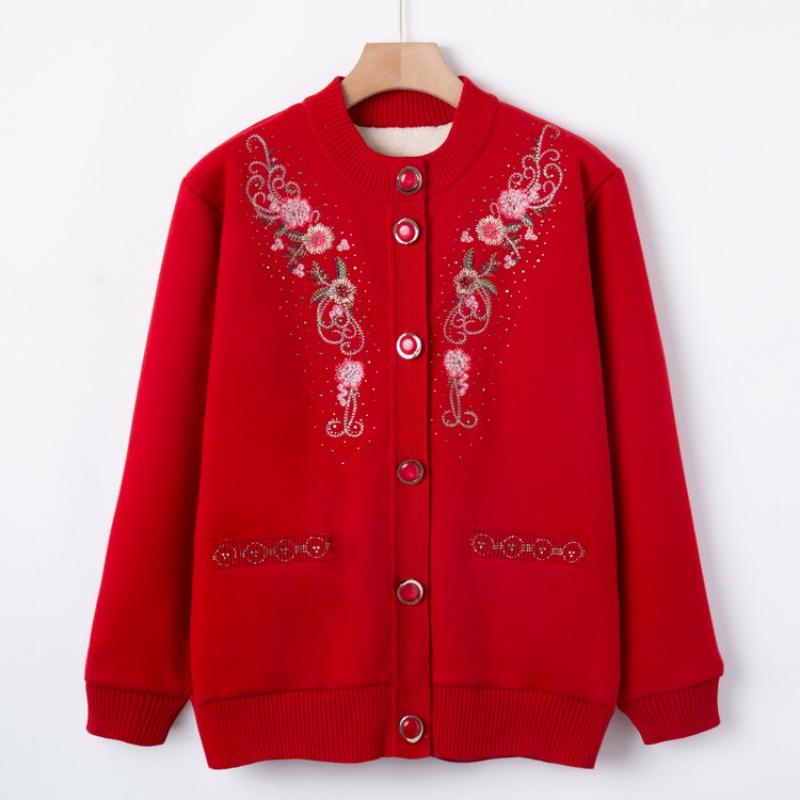Middle-aged and Old Autumn and Winter Embroidered Sweater Grandma Fleece Thickened Knitted Sweater Jacket Year-old 0 Mother Autumn Top