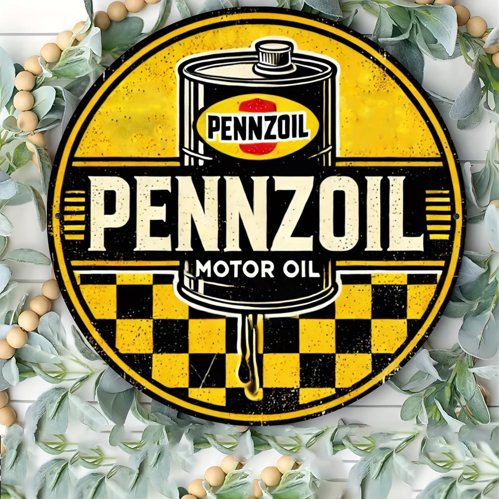 High Definition Wooden Board Painting Vintage Pennzoil Motor Oil Round Wall Art Retro Garage Auto Shop Decorative Plaque D F