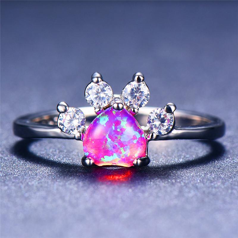 Cute Female Small Blue White Fire Opal Stone Ring  Vintage Dog Cat Paw Claw Heart Wedding Jewelry For Women