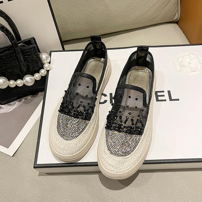 Loafers Women's 2025 New Summer Versatile Mesh One-pedal Soft-soled Rhinestone Flats Single Shoes