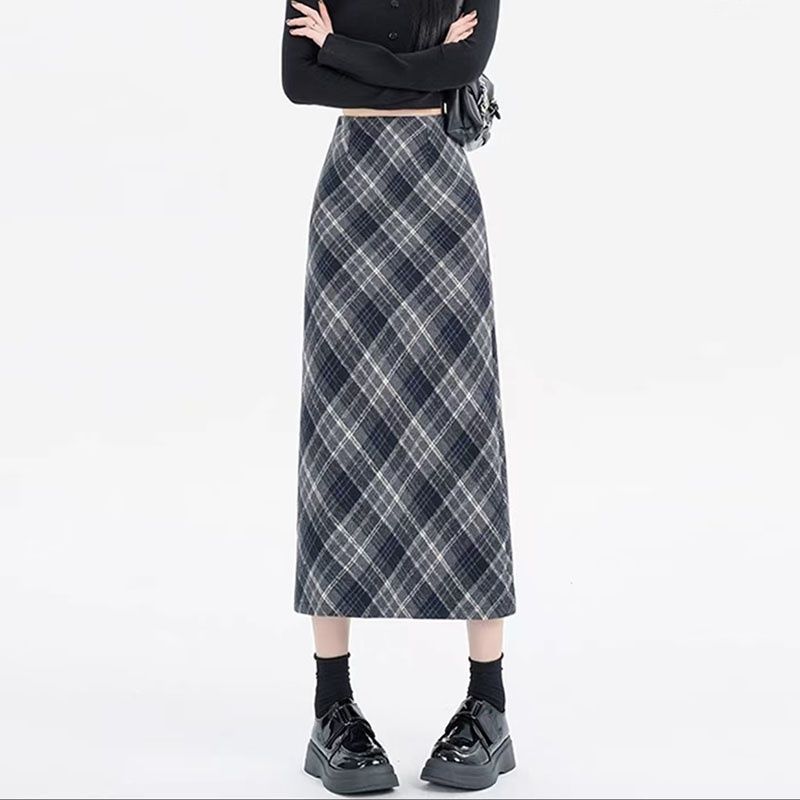Classic plaid knit midi skirt high-waisted A-line, Fall/Spring, women's clothing.