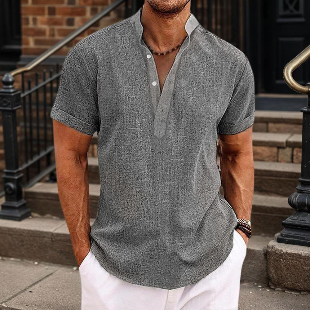 Men's Linen Shirts Short Sleeve Button Up Neck Stand Collar Casual Summer Home Daily Shirts