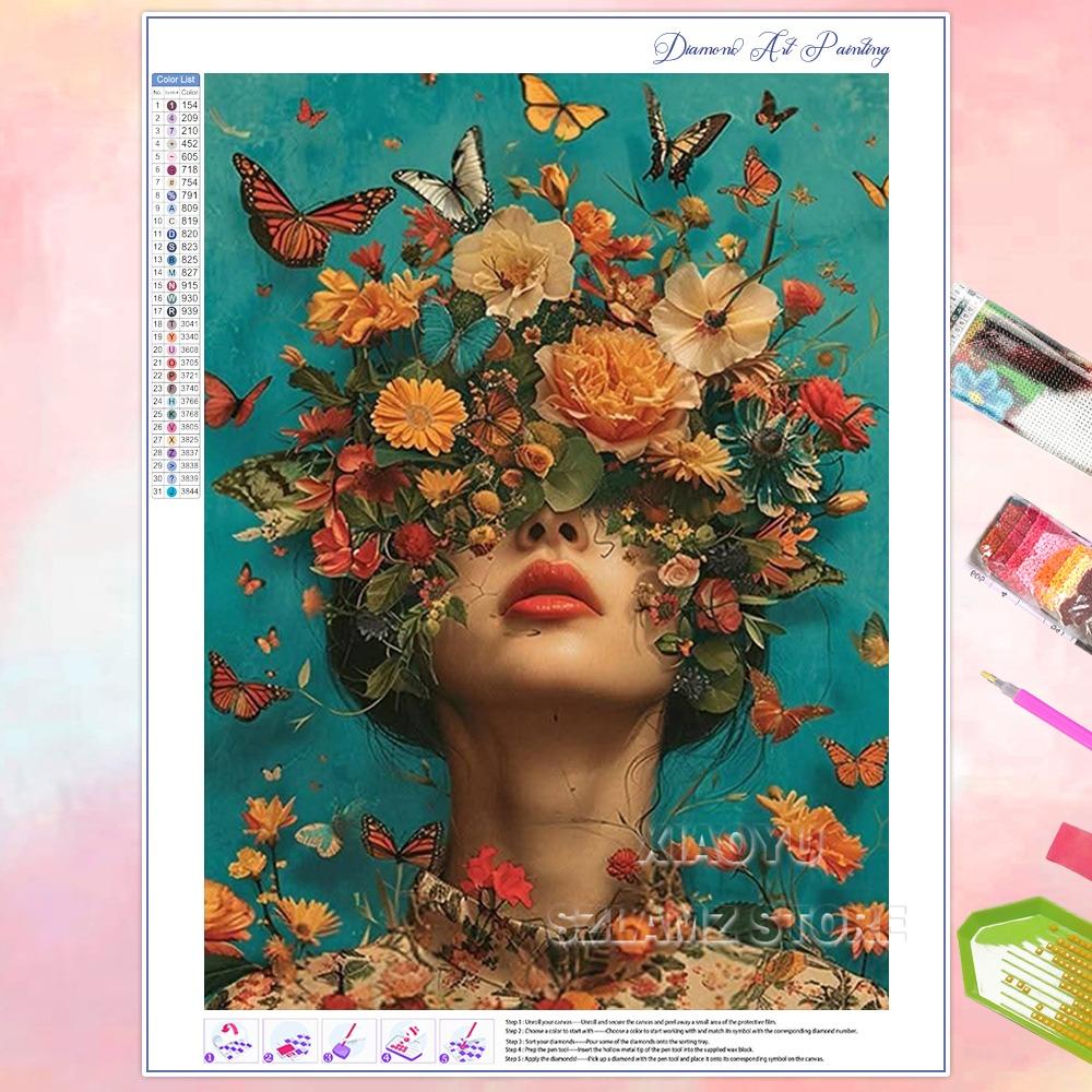 5D DIY New Diamond Painting Women Flowers Butterflies Full Square Round Diamond Mosaic Embroidery Kit Rhinestone Home Art Decor