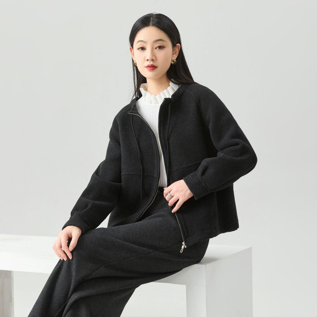 Casual Zipper Sweater Cardigan Crew Neck Drawstring Women's Woolen Jacket Wool Cashmere Top Fashion Casual