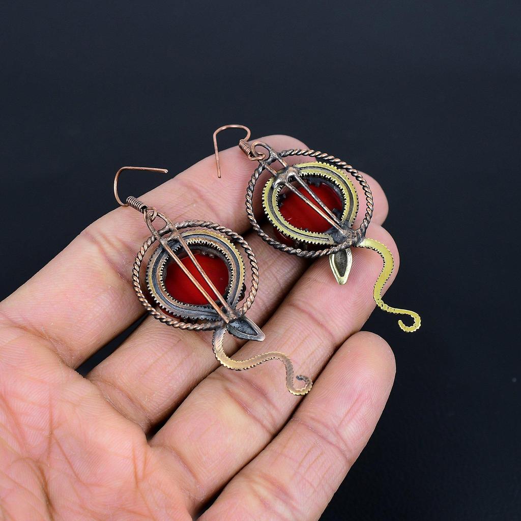 Red Coral Handmade Gemstone Earrings, 999 Copper Wire Wrapped Earrings Antique Jewelry, For Engagement Gift