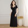 Elegant Black French Halter Neck A-line Dress – Women's Summer Waist-Cinching Long Short-Sleeved Dress