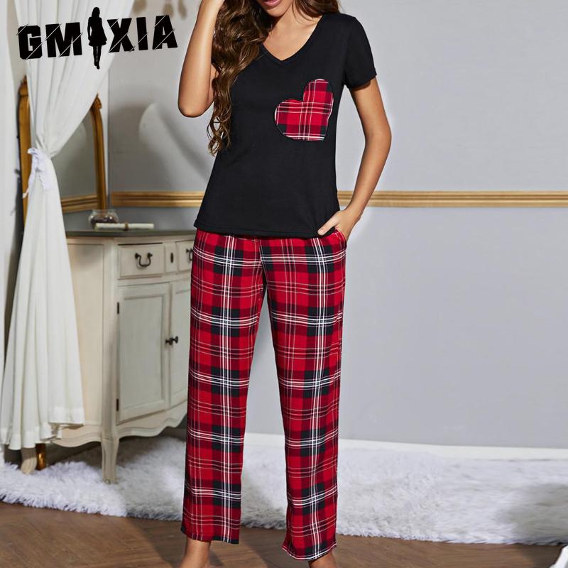 

GMXIA Pajamas Women s Spring and Autumn V-neck Short-sleeved Trousers Homewear Set S