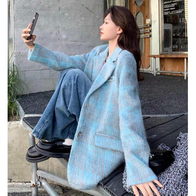 

Стильное шерстяное пальто в клетку для женщин, идеально подходит для весеннего и осеннего образа XL синий