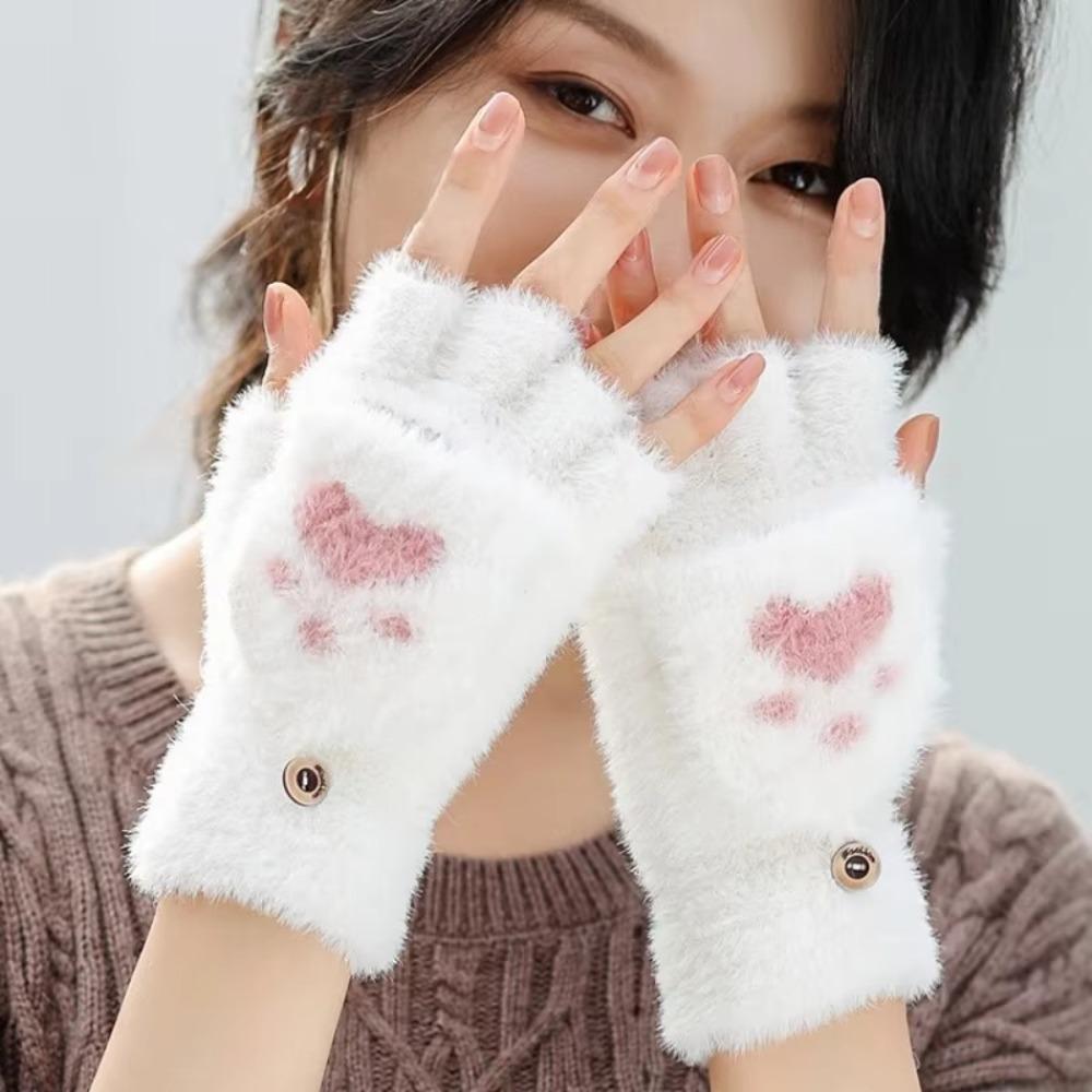 Fingerless Cat Paw Gloves Warm Fleece Touch Screen Gloves New Flip Knit Mittens  Women Girls