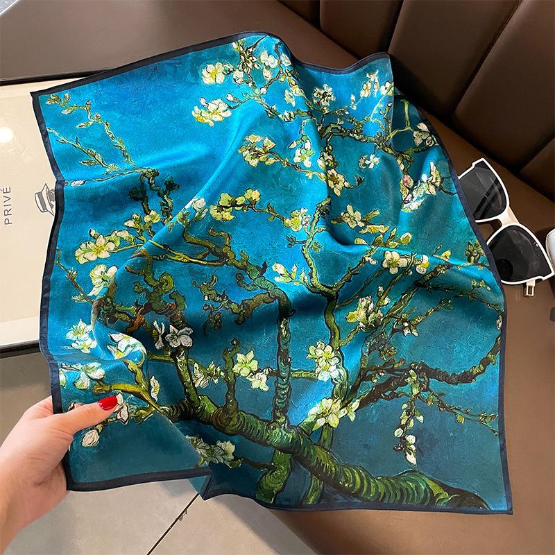 Silk scarf female apricot tree white-collar professional elegant scarf streamer oil painting wind printing small square scarf 53*53cm