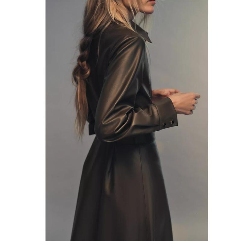 Fall and Winter New Women's Clothing Single-Breasted Faux Leather Shirt with Belt Lapel Long Sleeves Dress 8741283