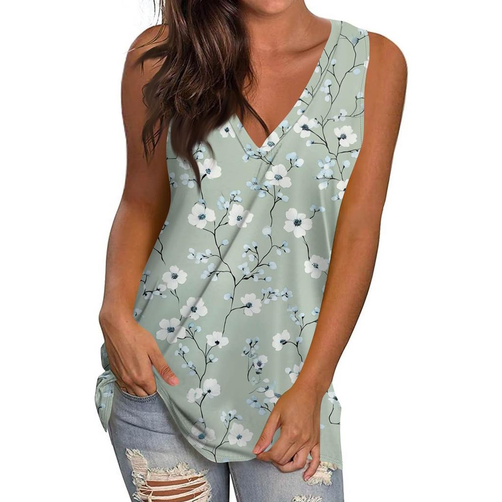 Women's Casual Fashion V-Neck Sleeveless Pullover Top Printed Vest T-Shirt