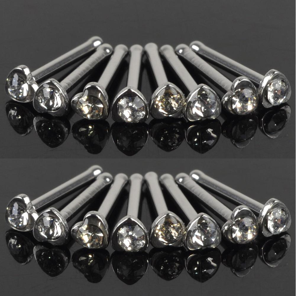 24-Piece Rhinestone Stainless Steel Heart Nose Studs - Titanium Steel Jewelry