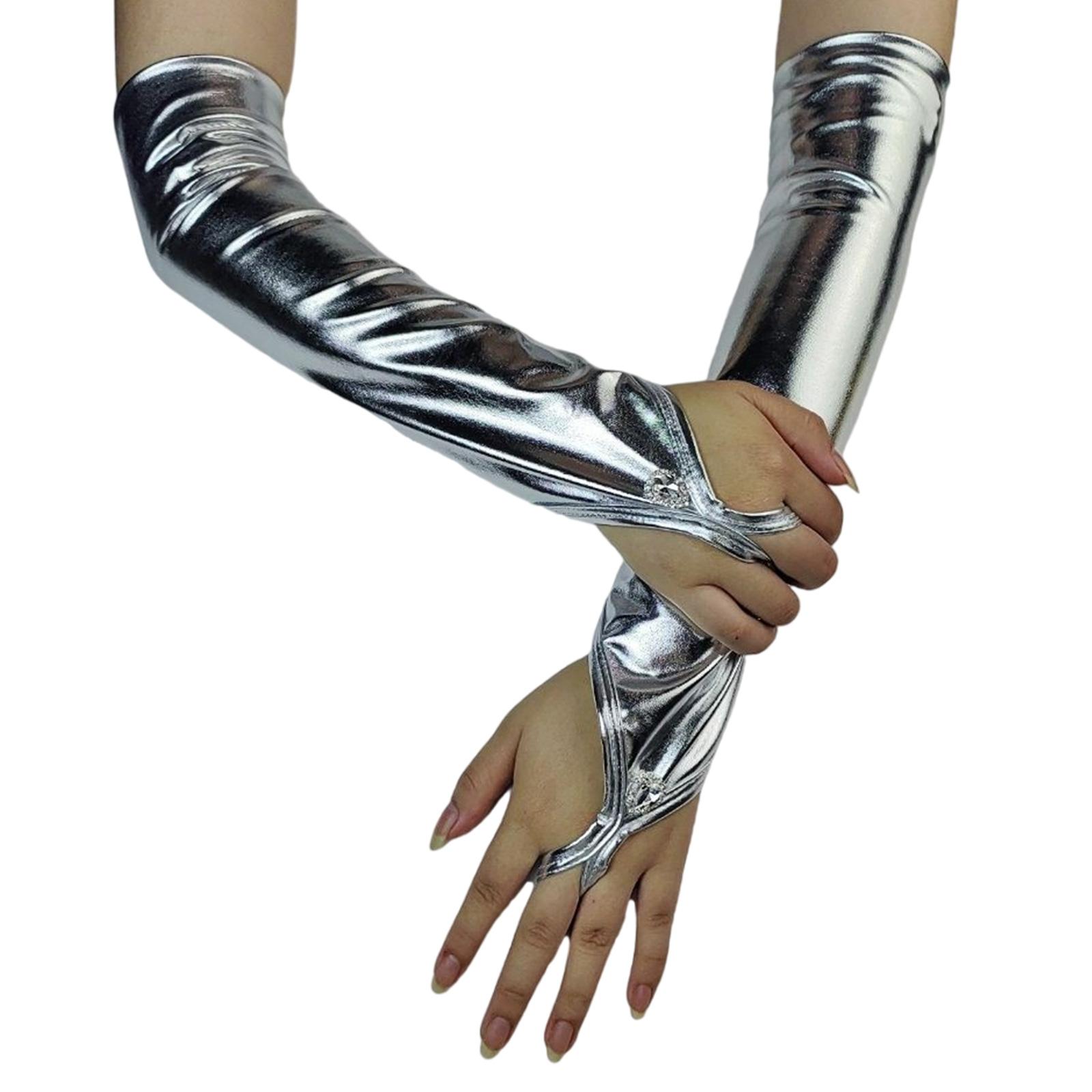 

Fashion Glossy Leather Gloves for Women Club Wear Adult Cool Long Fingerless Gloves Party Costume Gloves for Theme Event серебряный