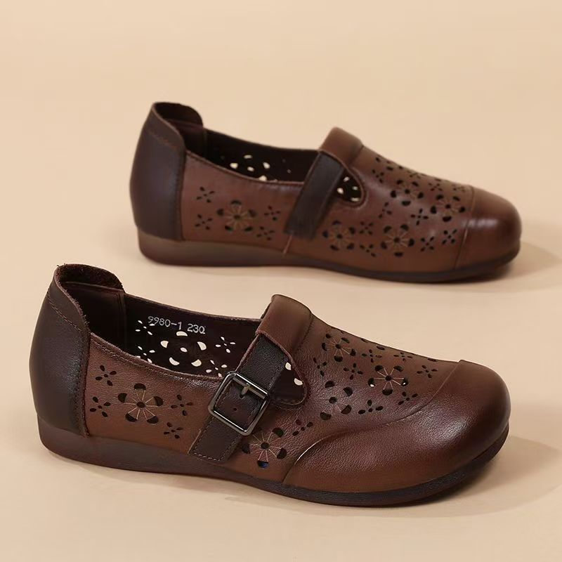 Women's Leather Baotou Hollow Out Flat Sole Sandals Summer New Soft Sole Non Slip Retro Round Toe Lightweight Slip On Cave Shoes