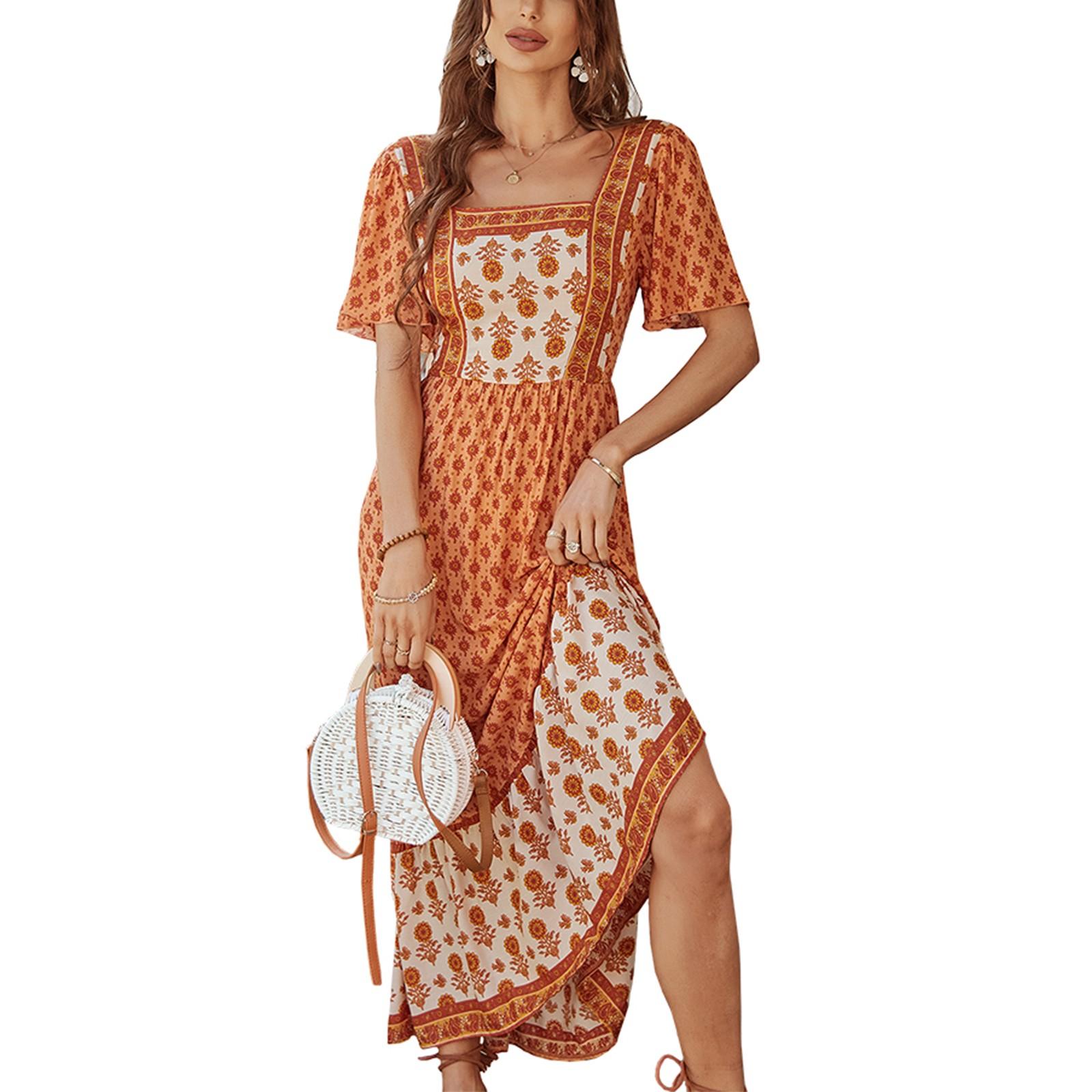 

Женское повседневное праздничное платье с винтажным принтом и короткими рукавами S оранжевый