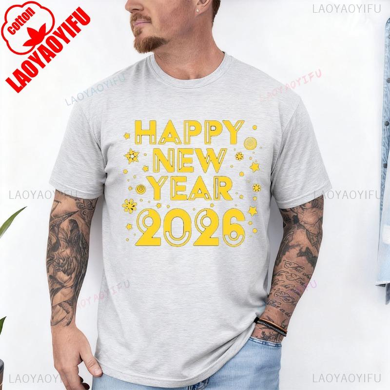 Frohes Neues Jahr 2026 Erwachsenen T-Shirt für Männer und Frauen Rundhalsausschnitt Kurzarm Baumwolle Oberteil Alle Jahreszeiten Lässige Mode Weich Bequem