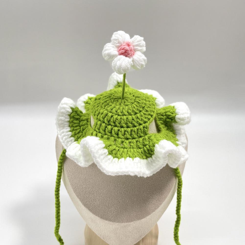 Crochet Cat Hat Adjustable Pet Hat Handmade Crochet Flower Cat Hat Scalloped Pet with Flower Ear Holes Cute Party for Small