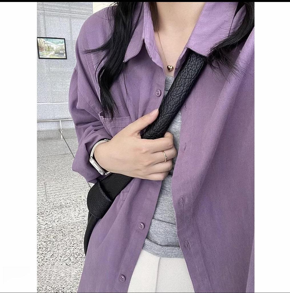 Giacca Camicia da Donna Viola in Cotone a Manica Lunga, Stile Coreano, Vestibilità Larga, per Primavera e Autunno