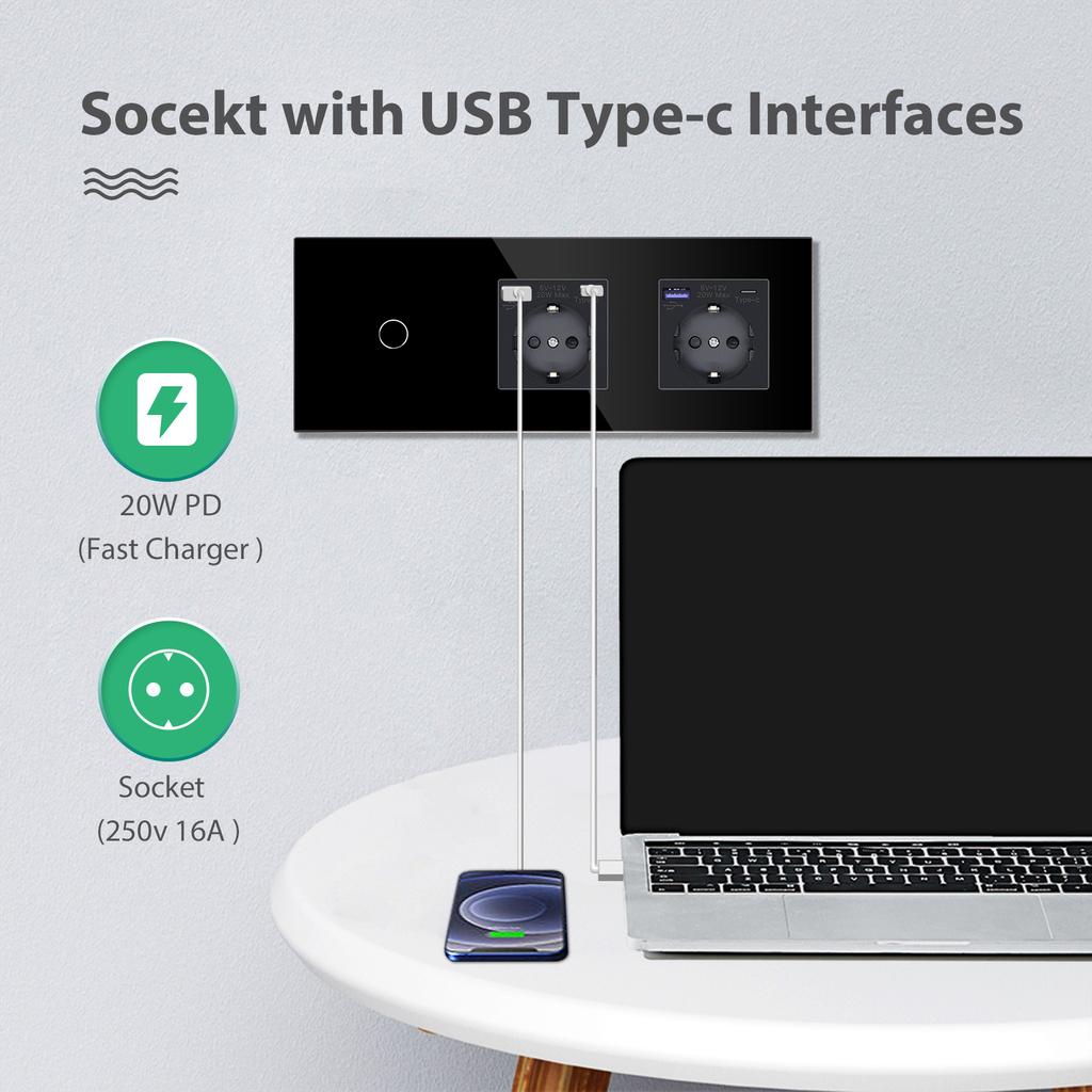 BSEED 1/2/3Gang Wall Touch Switch 1Way GLass Sensor Switches Plus EU Wall Socket Type-C USB 20W Power Outlets Fast Charging 2.1A