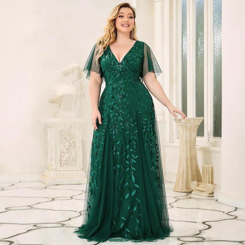 2026 Summer European & American V-neck Patchwork Mesh Evening Gowns for Banquets & Performances