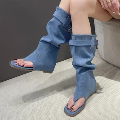Women Canvas Denim Fashion Clip-toe Sandals 2024 Summer Outdoor Street Open-toed Sandals Casual Walking Flat Shoes Mujer Zapatos