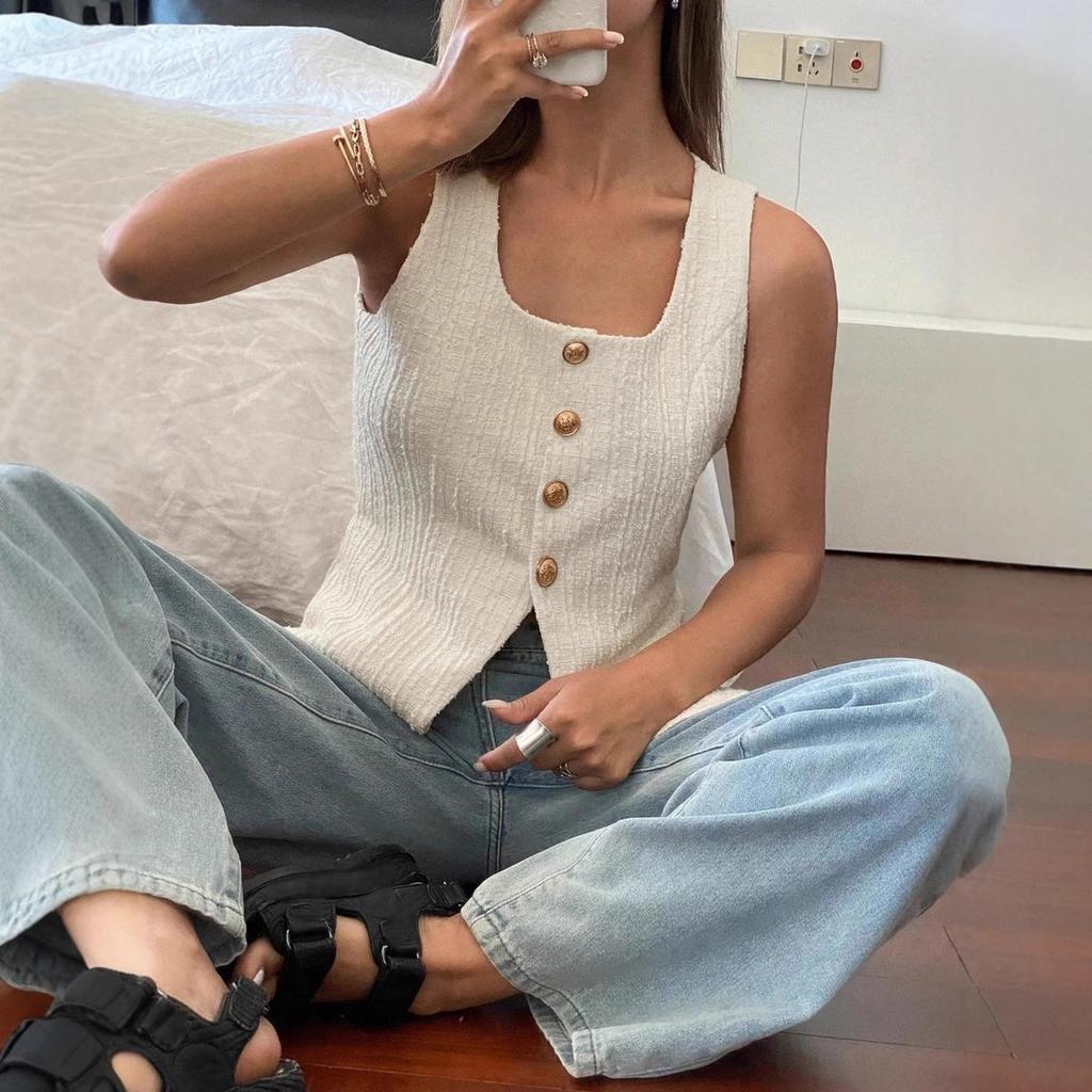 Summer Women Button Sleeveless Vest Commute Square Neck Lace-up Knit Tank Top