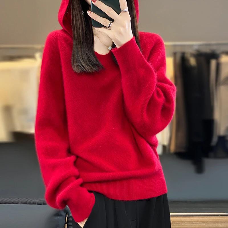 Sweater for Women Autumn Winter Thickened Pullover Warm Hooded Knitted Stretchy Long Sleeve Oversize Jumper Tops