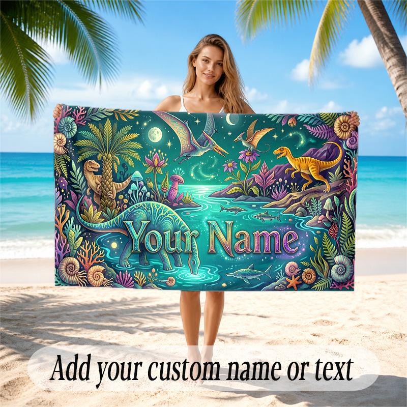 Dinosaur Theme Quick Dry Beach Towel Custom Name Text Print Large Sand Resistant Towel Beach Vacation