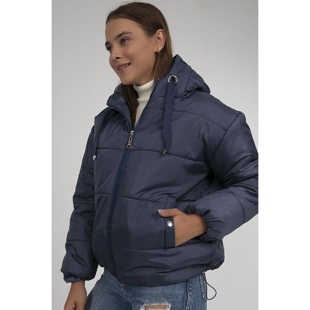 Schwarzer Puffermantel mit Kapuze und Tunnelzug für Damen Hzl22w-bd151171