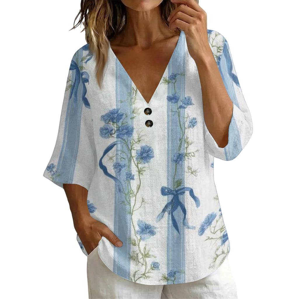 Womens V Neck Vintage Floral Print Loose Fit Short Sleeve Linen Blend T Shirt Lightweight Casual Summer Top with Button Detail