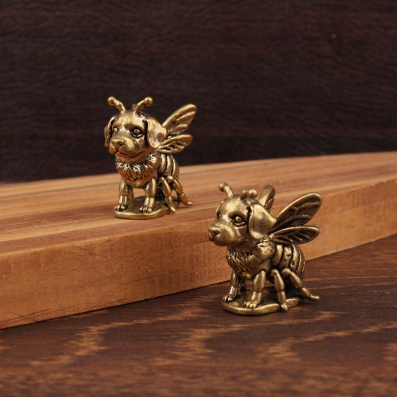 1/2Pcs Brass Small Bee Dog Mini Figurine Set Of Vintage Craft For Home Decoration Art Collection Gifts Desktop Ornament
