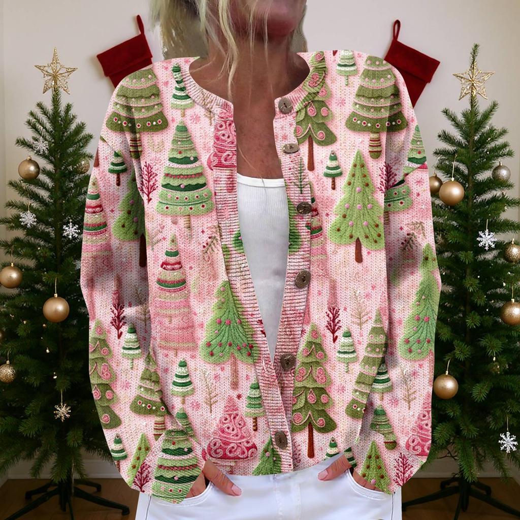 Damen Strickjacke Langarm Leichtgewichtige Jacke mit lustigem Weihnachtsdruck