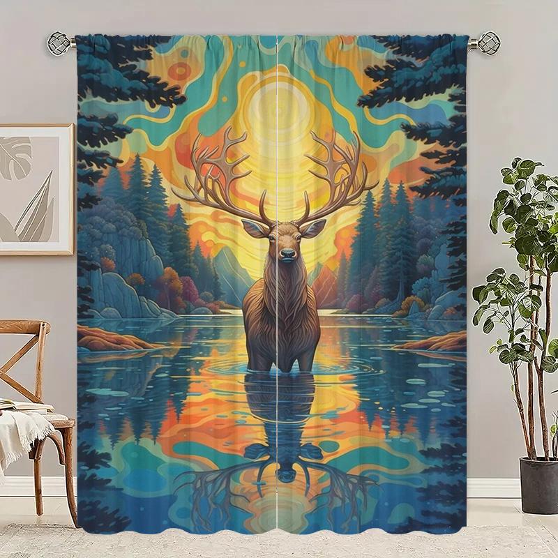 

Moose Portrait - Printed curtain, polyester semi-transparent 2pcs curtain - for living room decor, home decor (excluding poles) 29Wx64L(75x166CM)x2