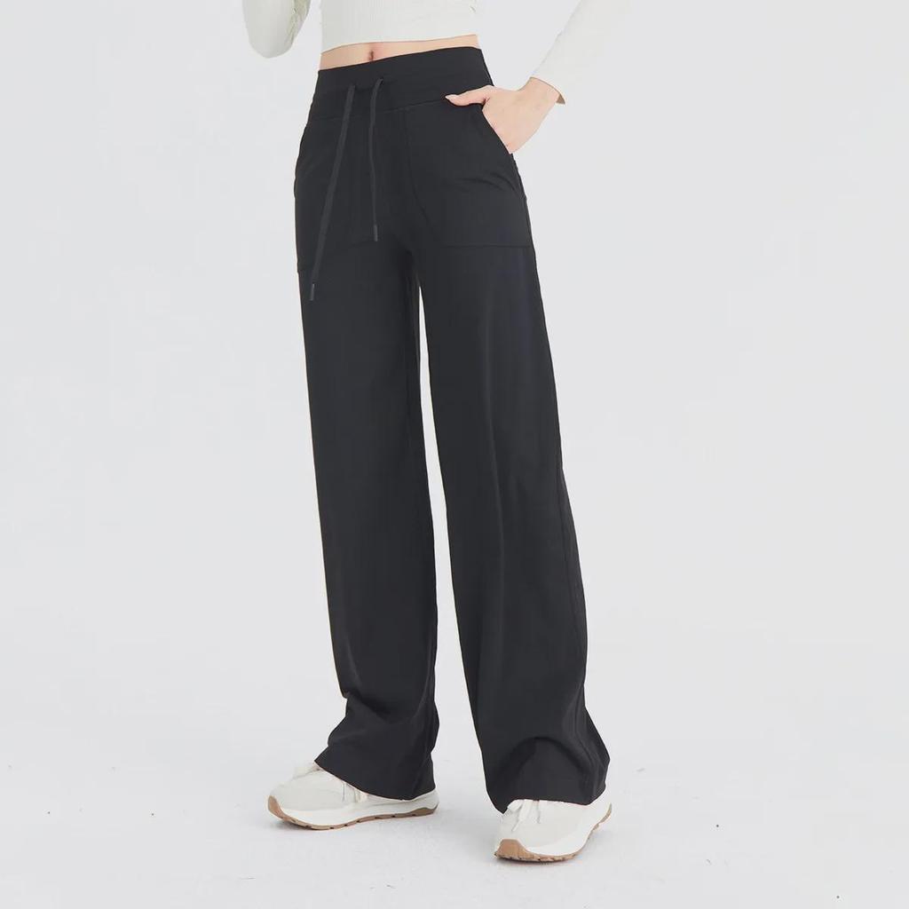 Dámské jóga kalhoty s vysokým pasem, v tělové barvě, se širokými nohavicemi a stahovací šňůrkou - Prodyšné, volný střih pro fitness